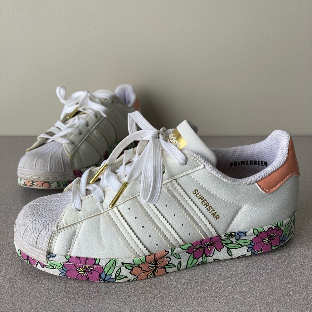 Adidas Superstar Primegreen White Floral Print Shell Toe Sneakers Womens